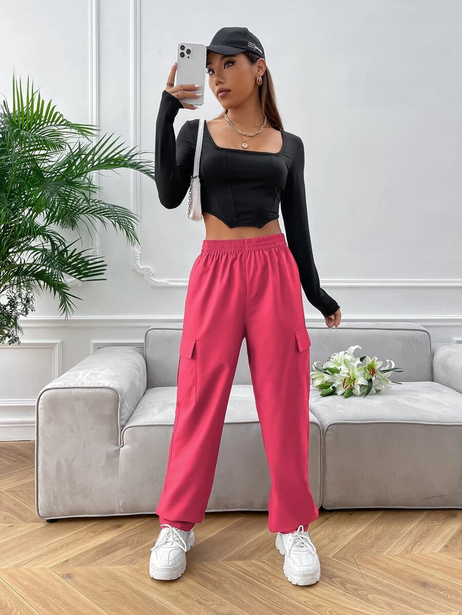 High Waist Side Pocket Flap Cargo Pants