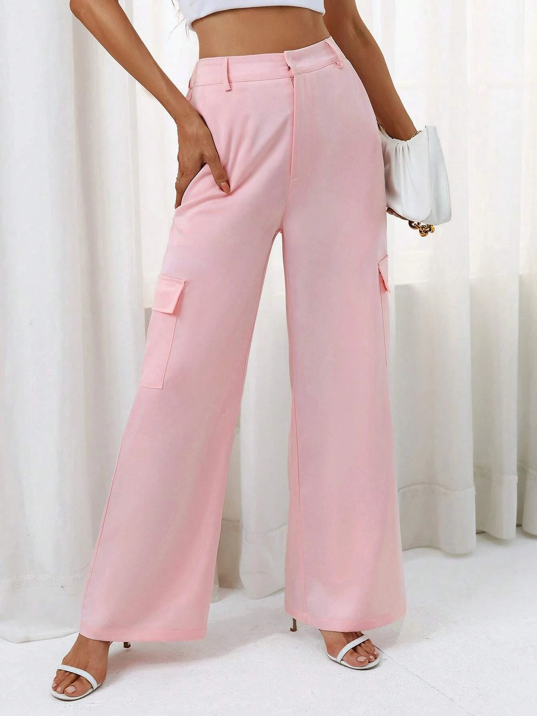 Plain High Waist Flap Pocket Pants