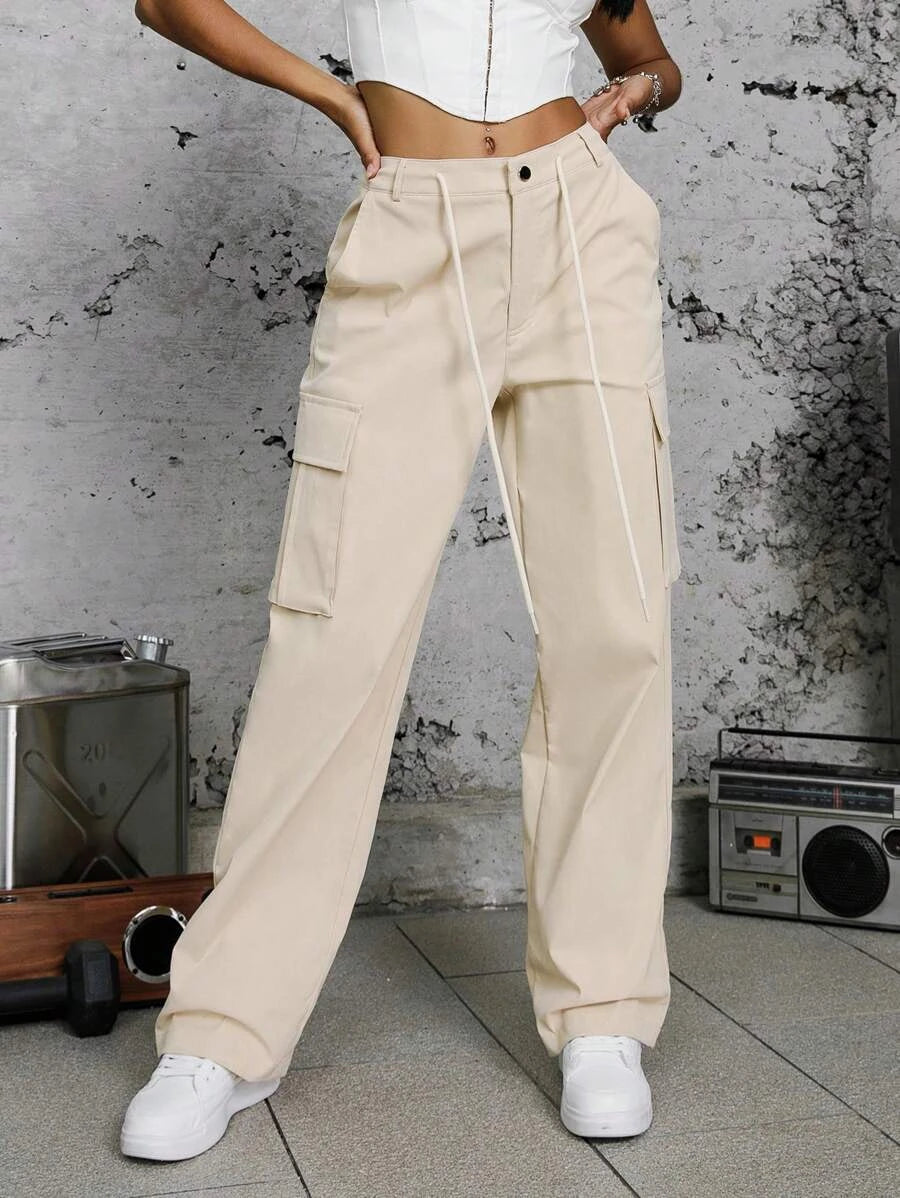 Trendy Drawstring Flap Pocket Side Cargo Pants