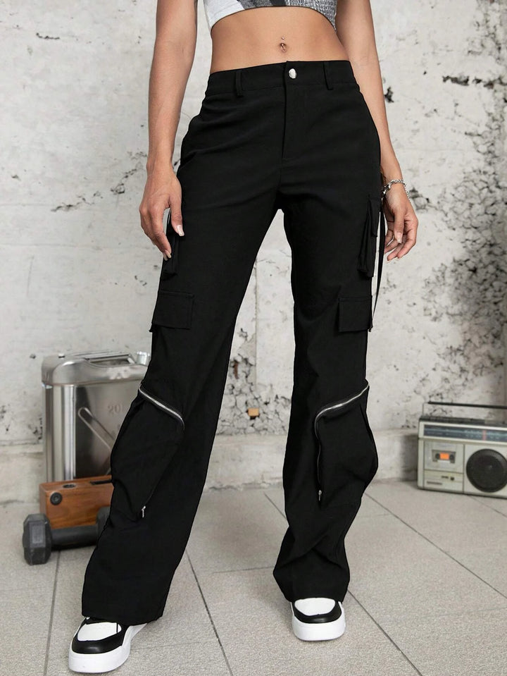 Flap Pocketed Solid Colored Cargo Pants