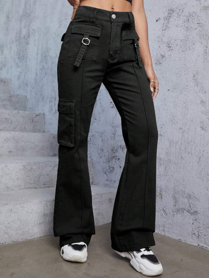 Flap Pocket Trendy Wide Leg Jeans