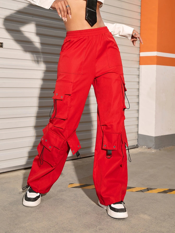 Flap Pocket Drawstring Hem Cargo Parachute Pants