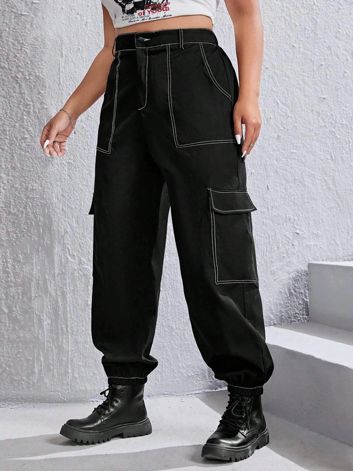 Top Stitching Flap Pocket Side Cargo Pants