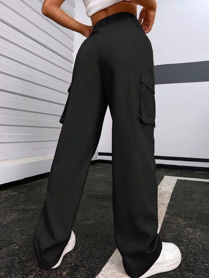 Solid Color Flap Pocket Pants
