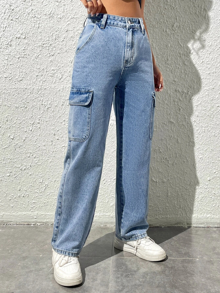 High Waist Functional Flap Pocket Cargo Jeans