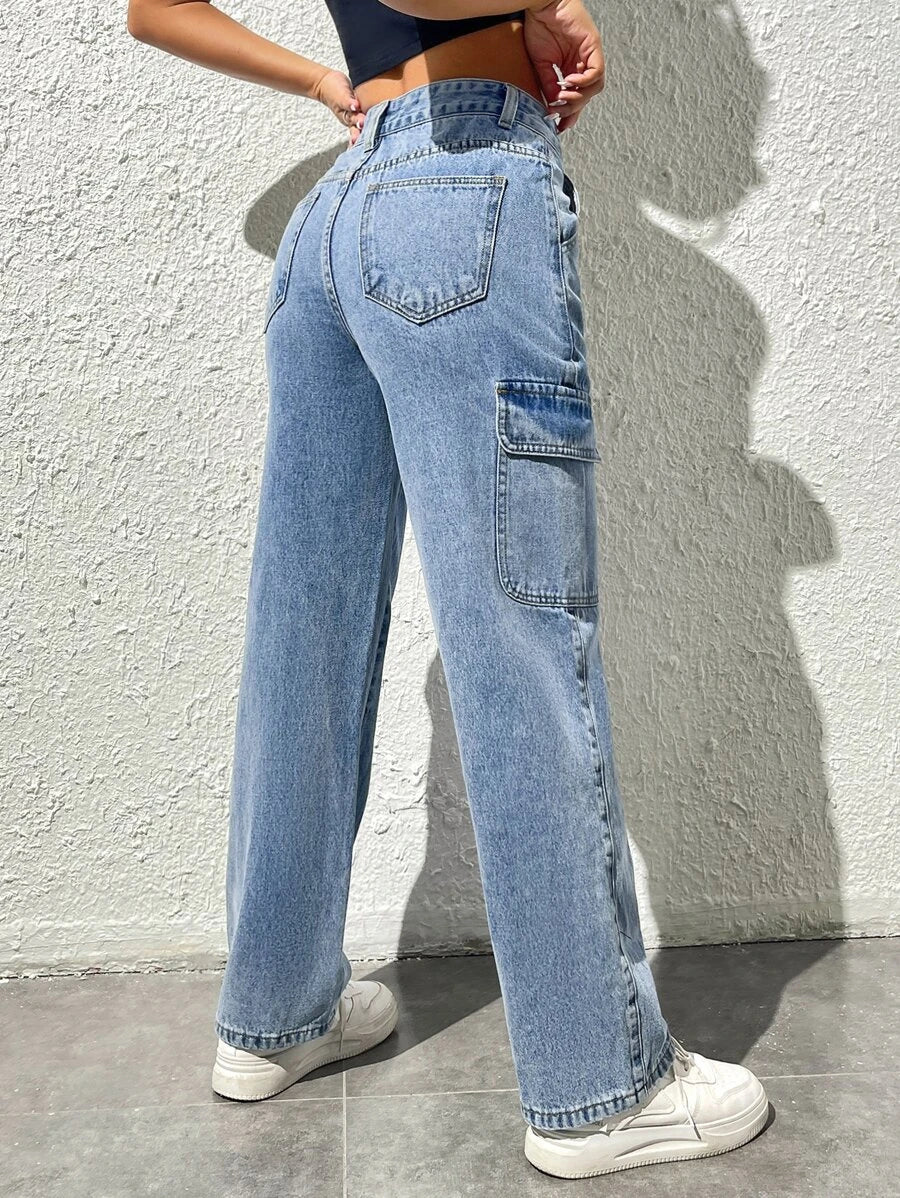High Waist Flap Pocket Easy Wear Cargo Jeans