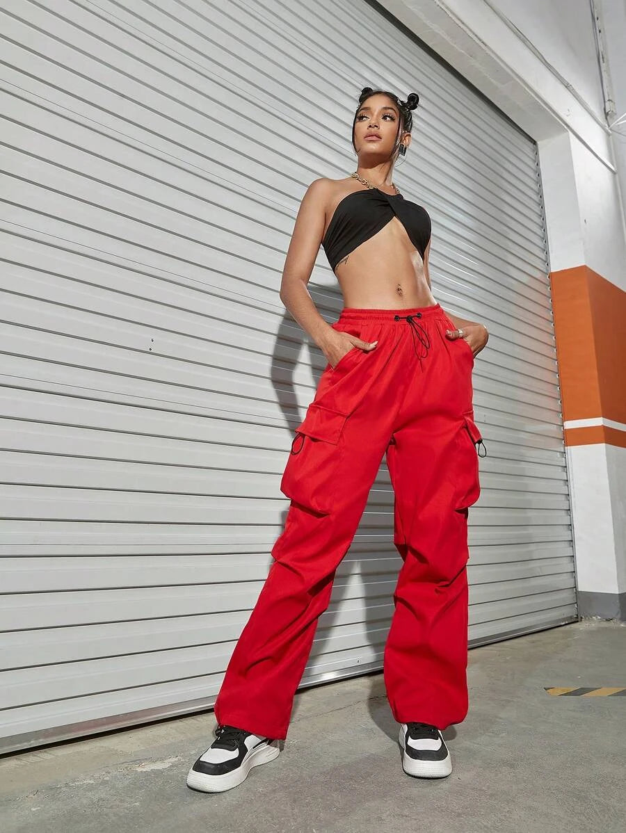 Hip Hop Flap Pocket Drawstring Waist Parachute Cargo Pants