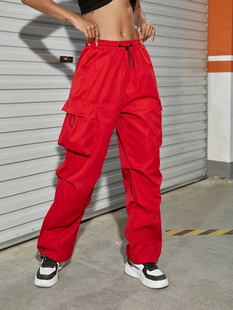 Hip Hop Flap Pocket Drawstring Waist Parachute Cargo Pants