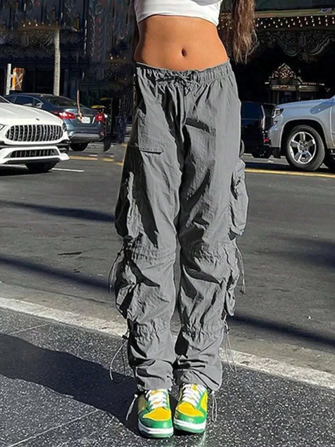 Solid Color Flap Pocket Drawstring Waist Cargo Pants