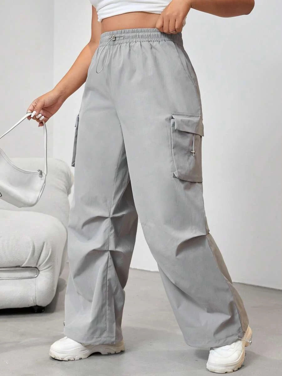 Flap Side Pocket Drawstring Waist Loose Cargo Pants