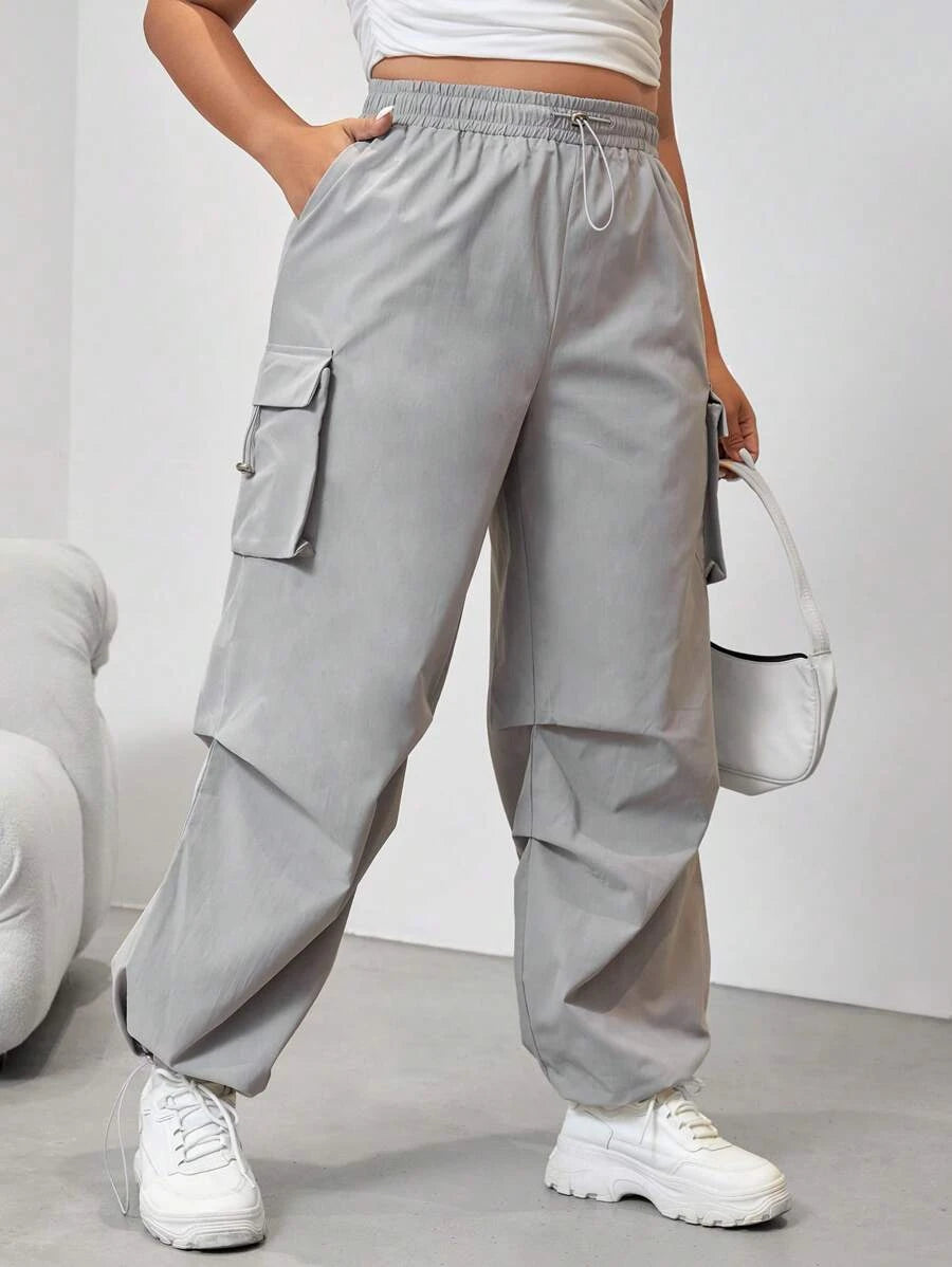 Flap Side Pocket Drawstring Waist Loose Cargo Pants