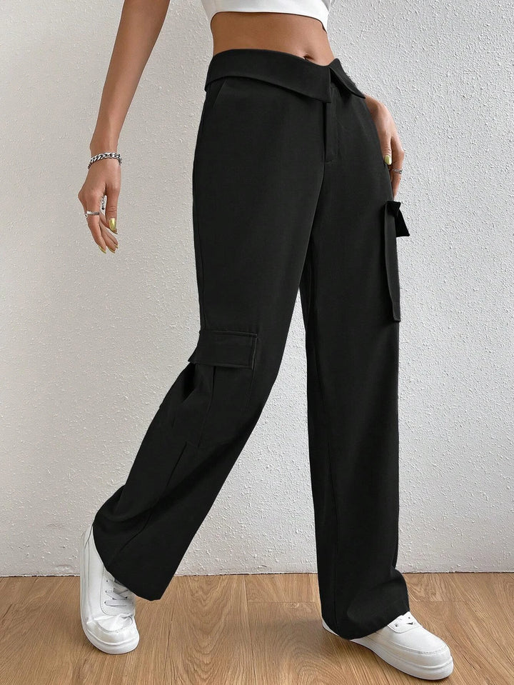 Folded Waist Side Flap Pocket Cargo Pants