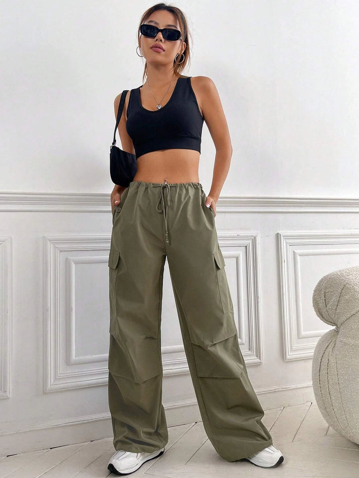 Flap Pocket Side Drawstring Waist Cargo Pants