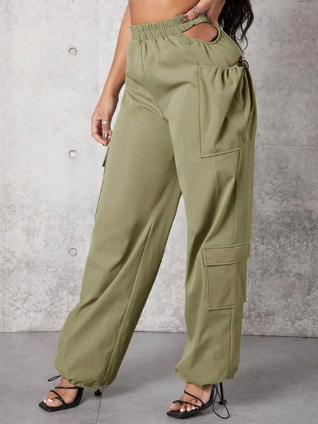 Solid Color Flap Pocket Drawstring Hem Cargo Pants