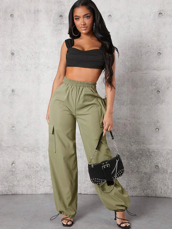 Solid Color Flap Pocket Drawstring Hem Cargo Pants