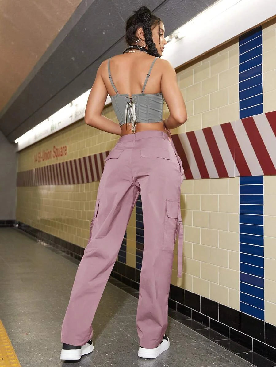 Flap Pocket Side Cargo Pants For Women