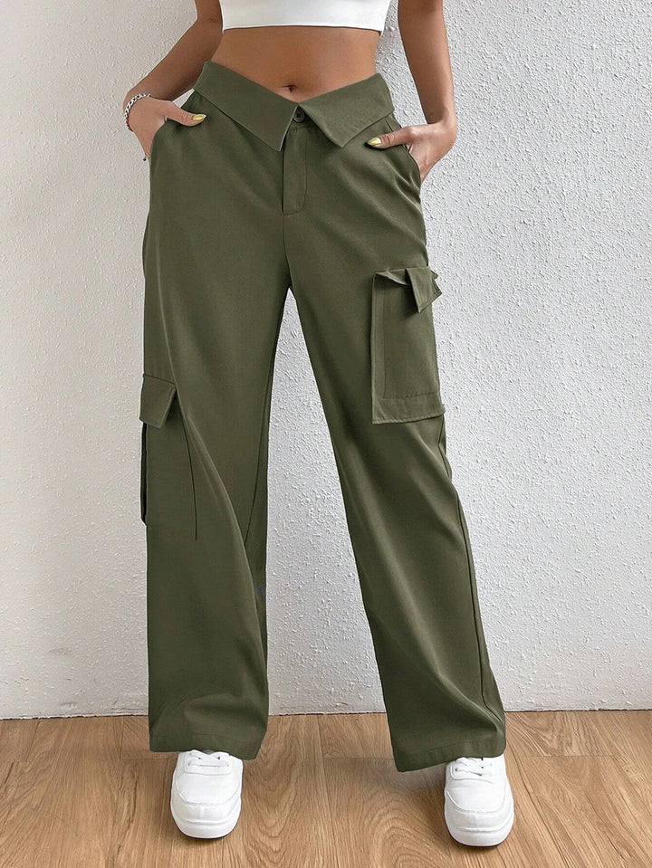 Folded Waist Side Flap Pocket Cargo Pants