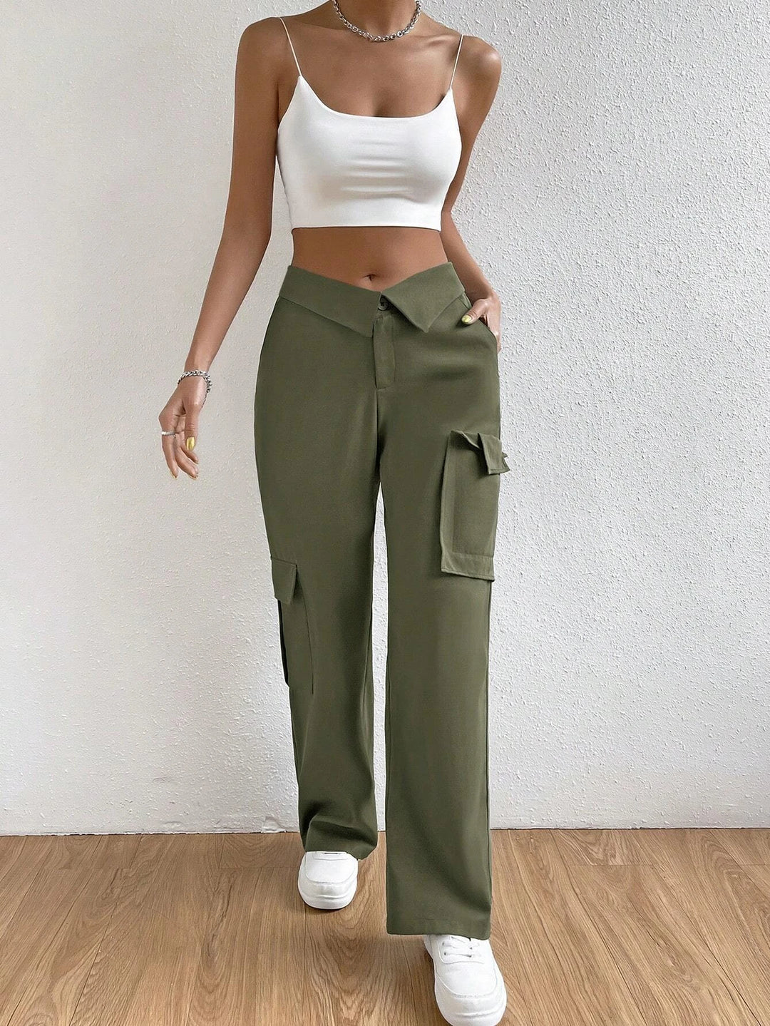 Folded Waist Side Flap Pocket Cargo Pants