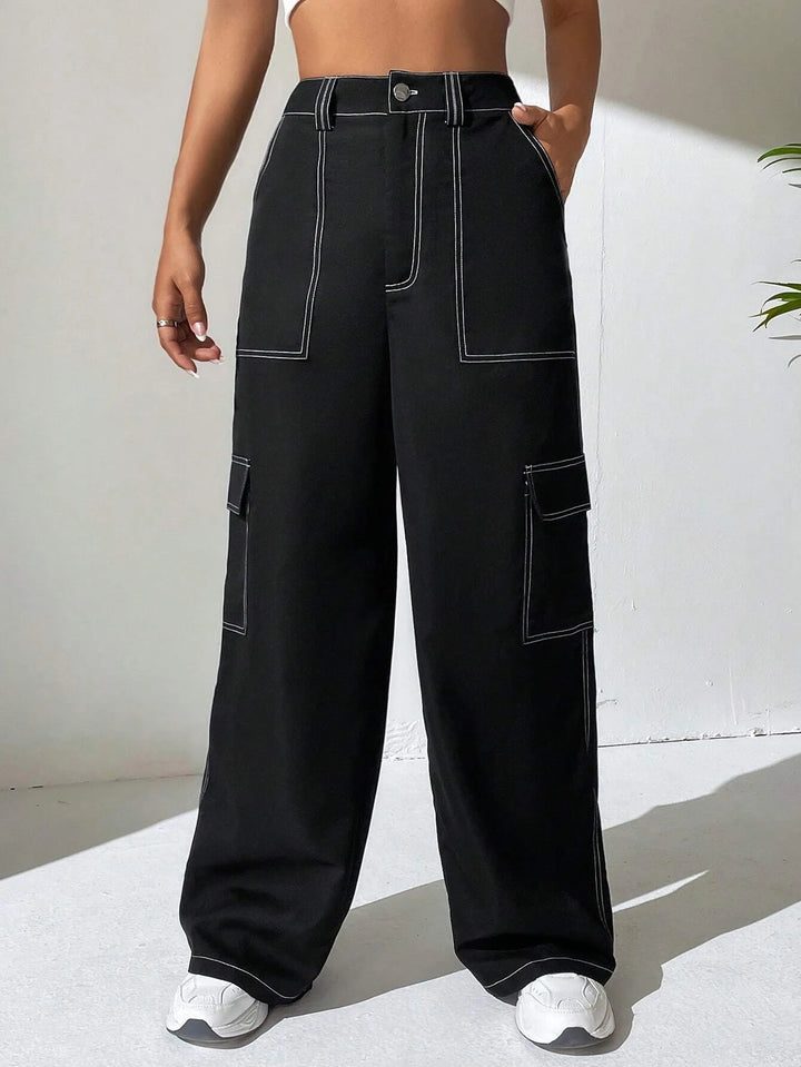 Casual Top Stitching Flap Pocket Side Cargo Pants