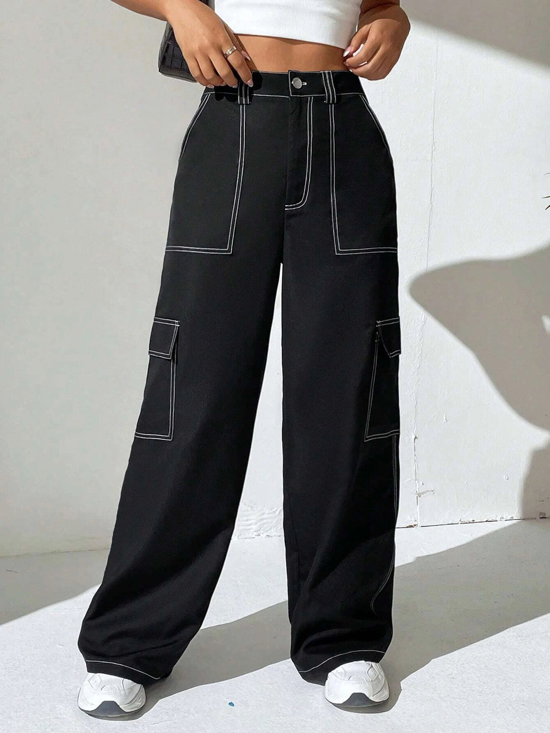 Casual Top Stitching Flap Pocket Side Cargo Pants