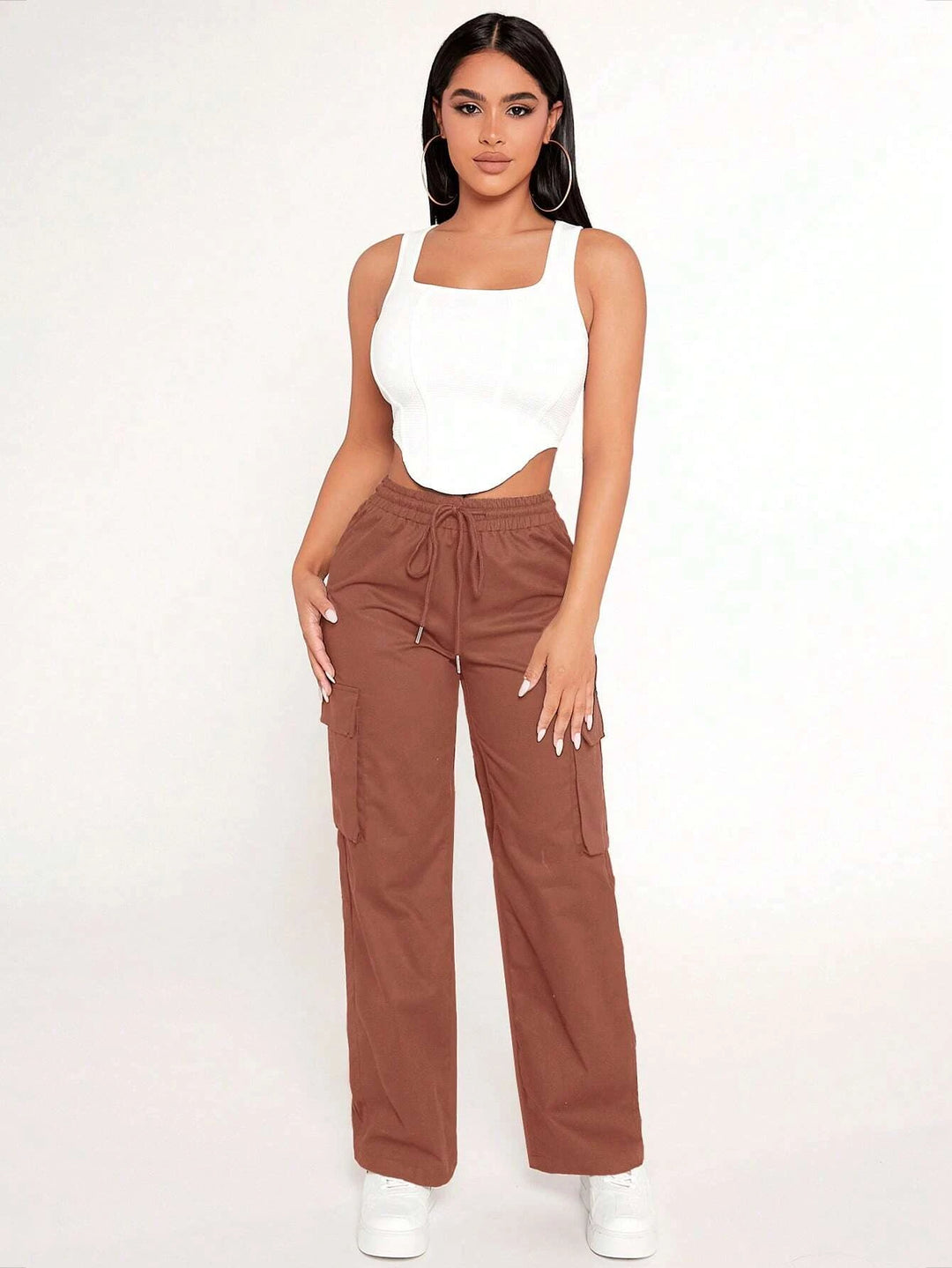 Flap Pocket Cargo Drawstring Waist Pants