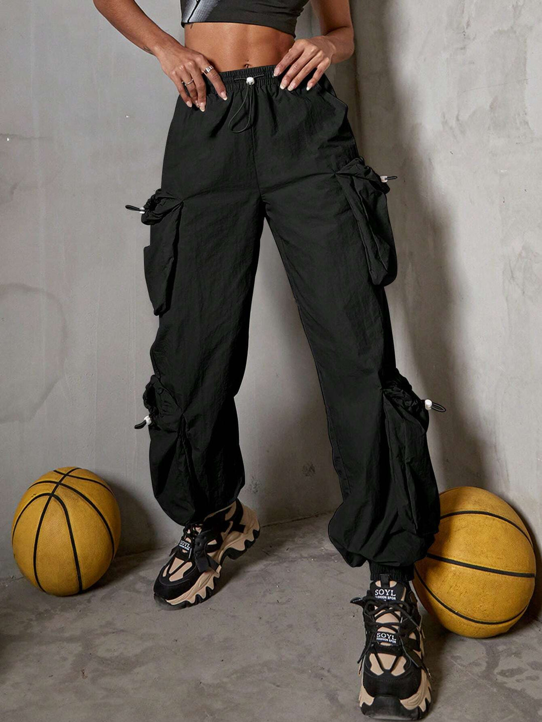 Side Drawstring Waist Cargo Parachute Pants