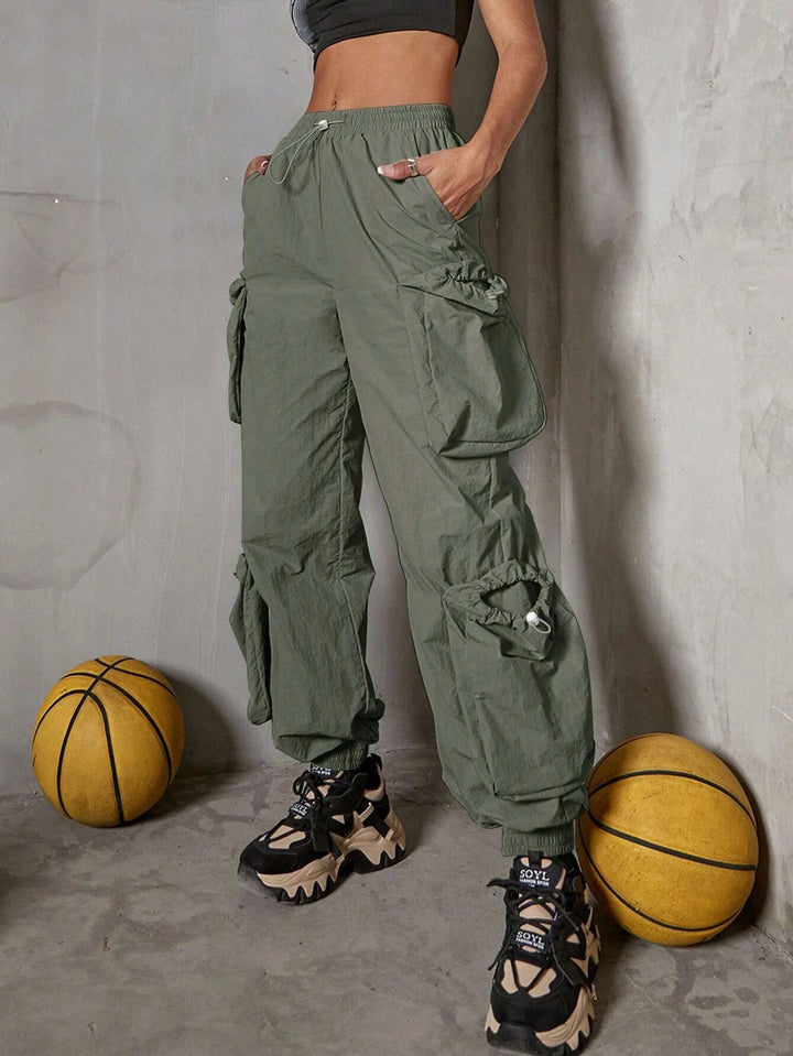 Side Drawstring Waist Cargo Parachute Pants