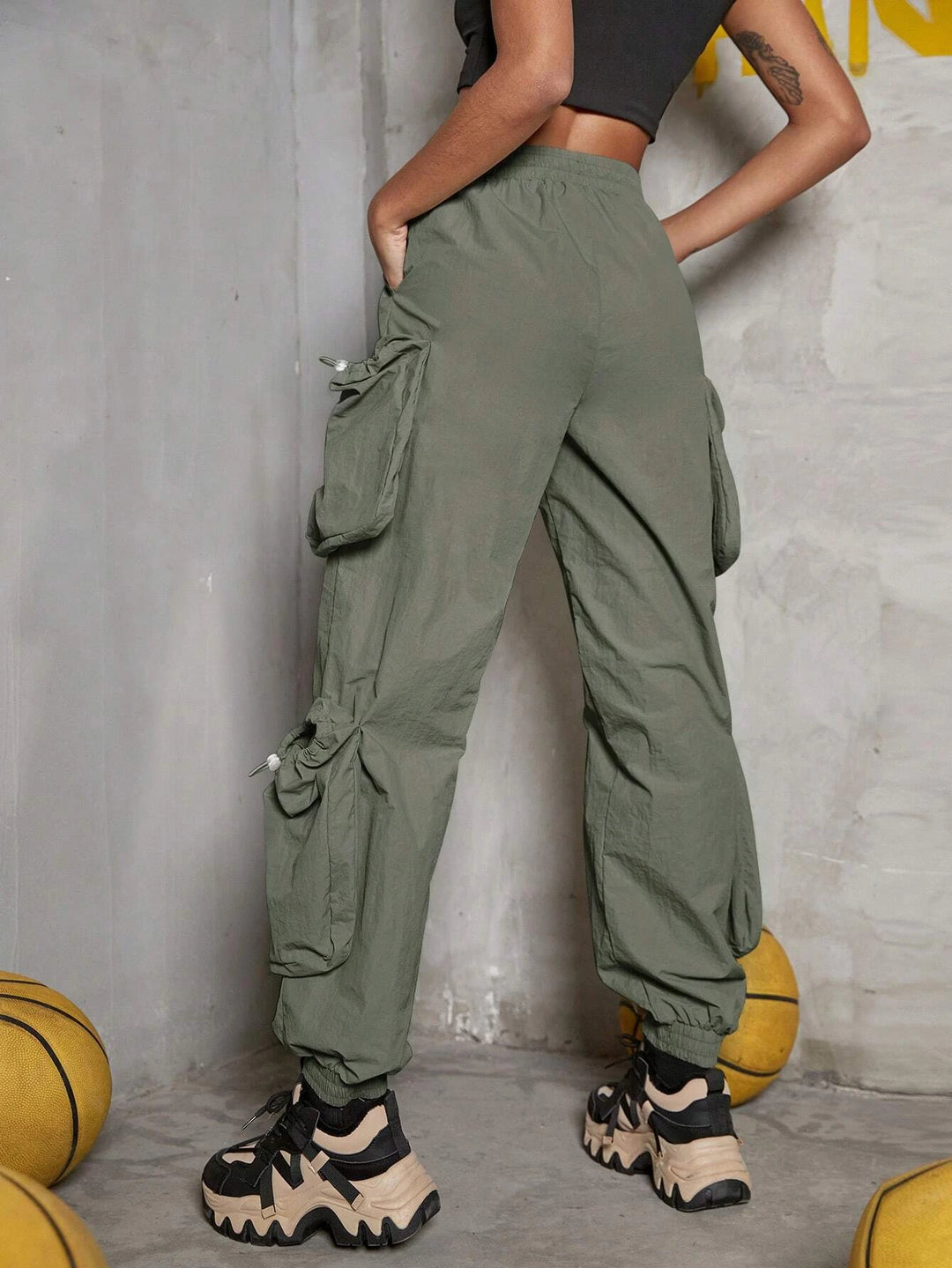 Solid Color Drawstring Detail Flap Pocket Cargo Pants