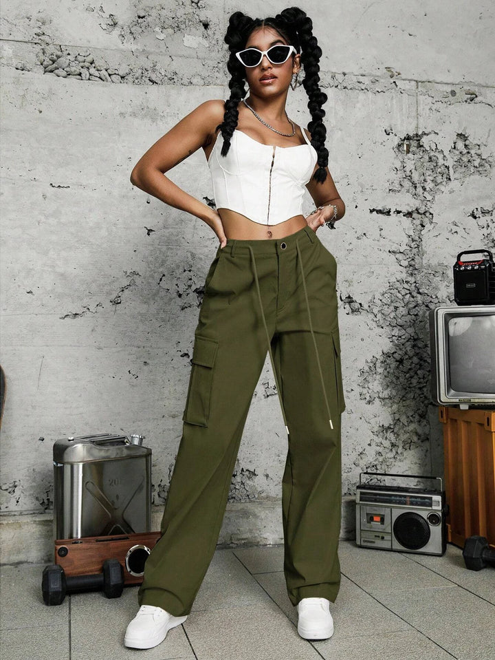 Drawstring Flap Pocket Side Cargo Pants