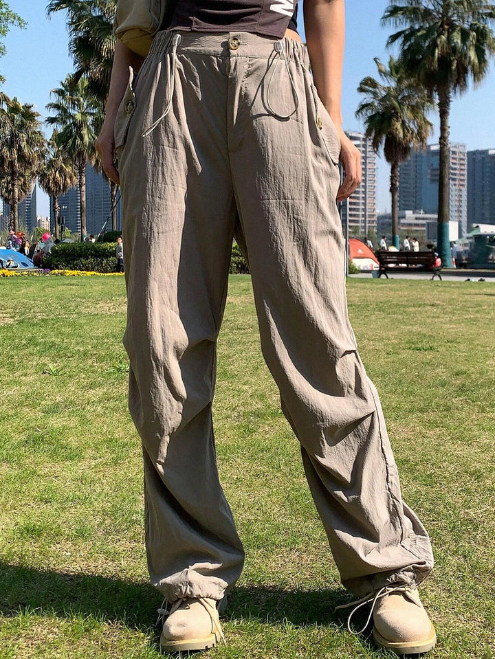 Solid Color Drawstring Straight Pants