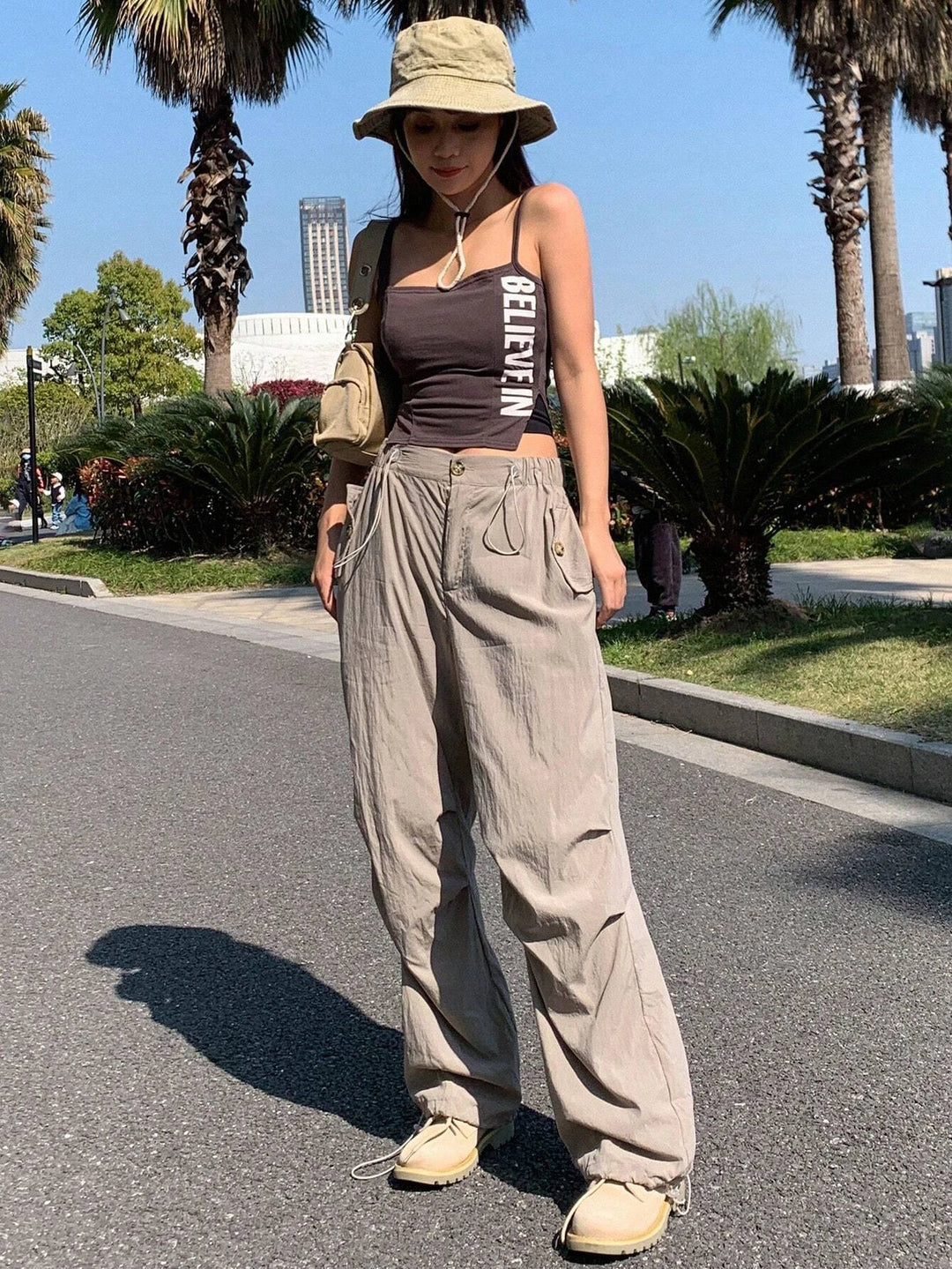 Solid Color Drawstring Straight Pants