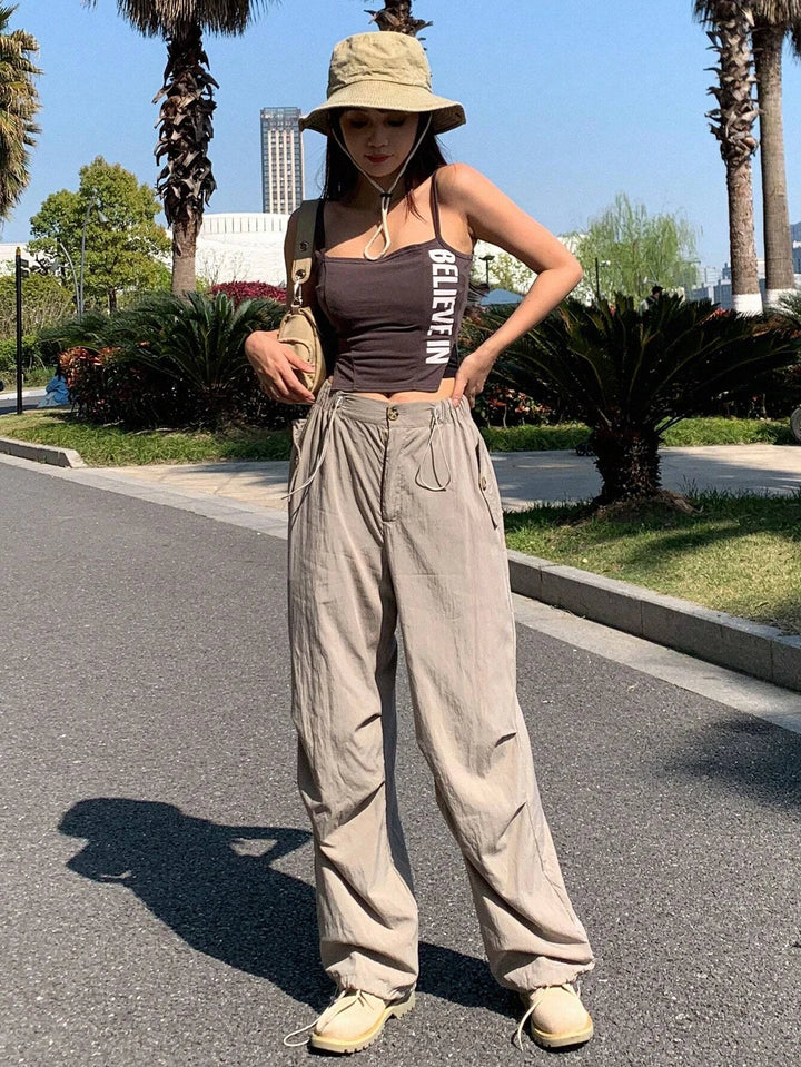 Solid Color Drawstring Straight Pants