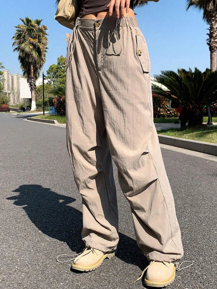 Solid Color Drawstring Straight Pants