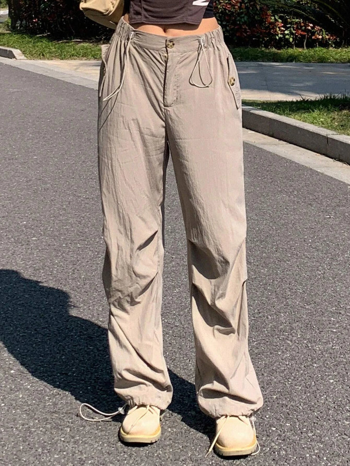 Solid Color Drawstring Straight Pants