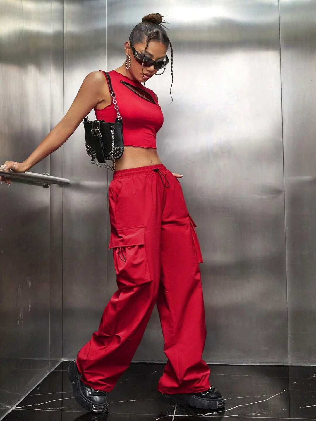 Flap Pocket Side Drawstring Waist Red Cargo Pants