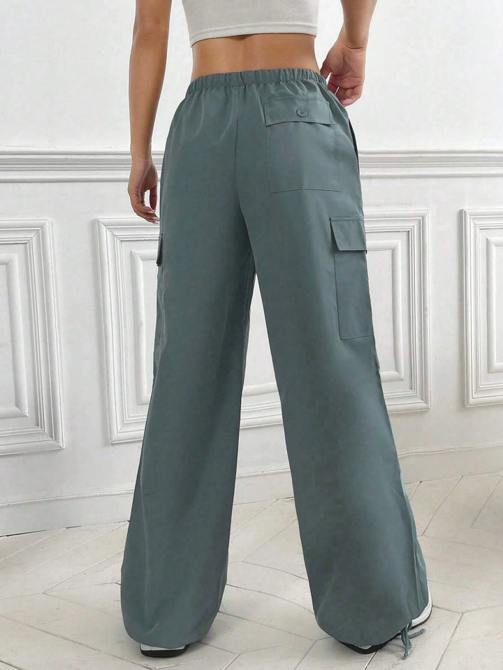 Flap Pocket Side Drawstring Waist Cargo Pants