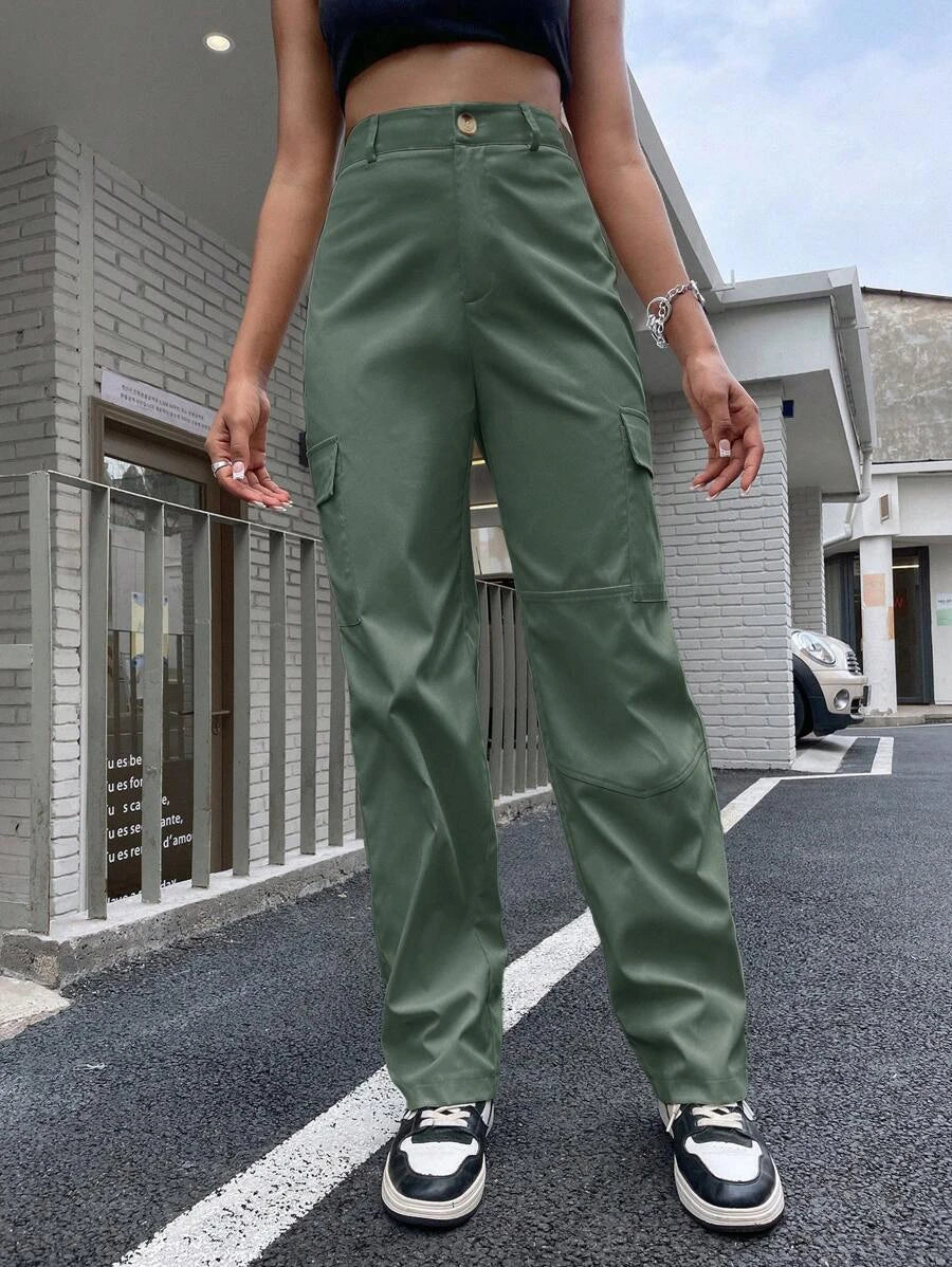 High Waist Flap Pocket Cargo Pants