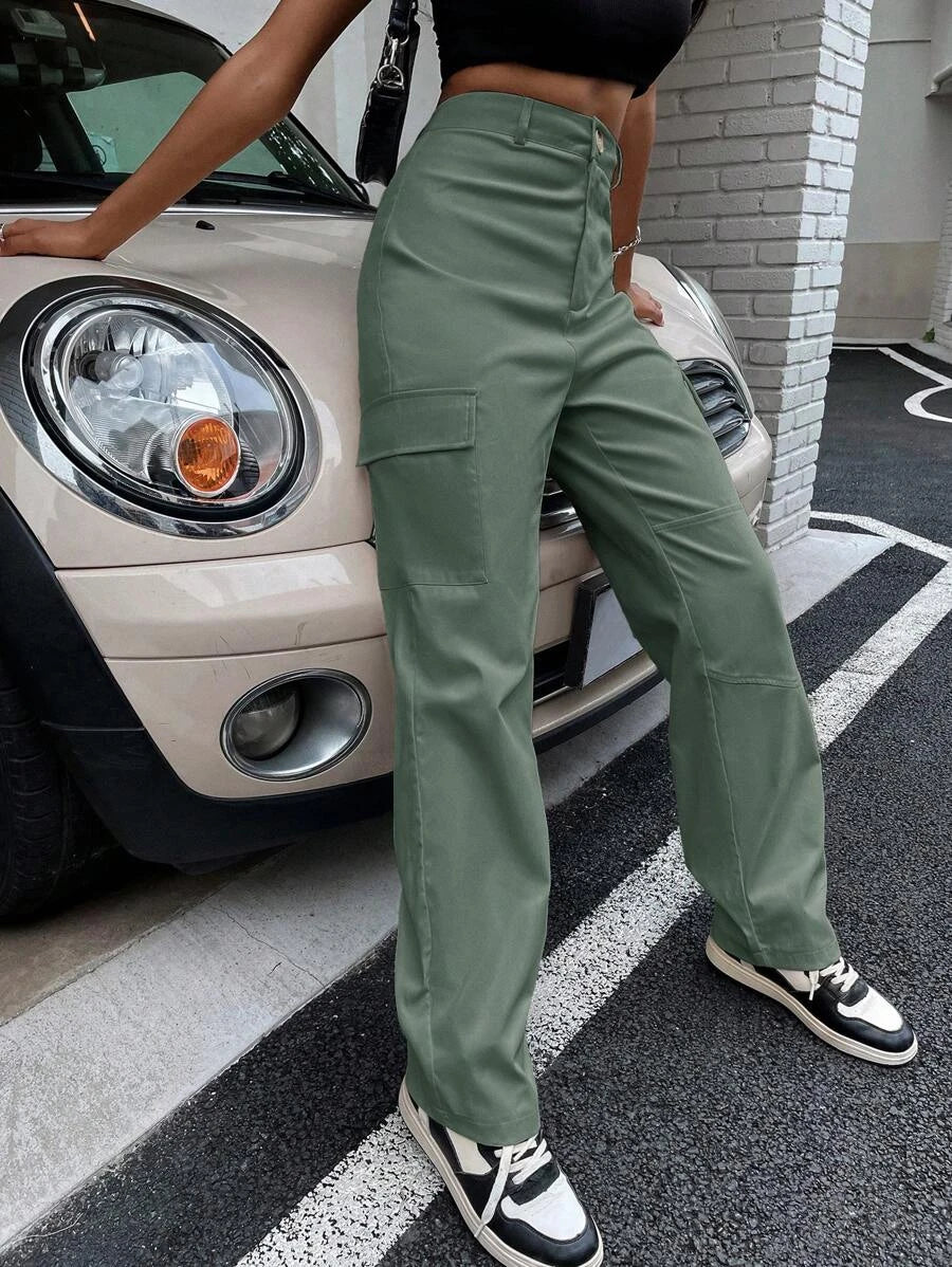 High Waist Flap Pocket Cargo Pants