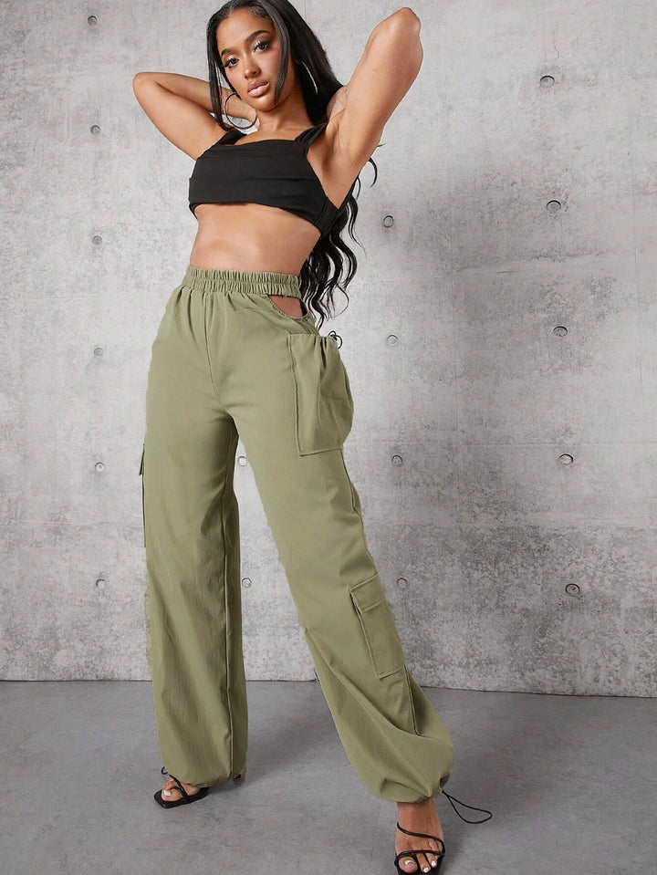 Solid Color Flap Pocket Drawstring Hem Cargo Pants