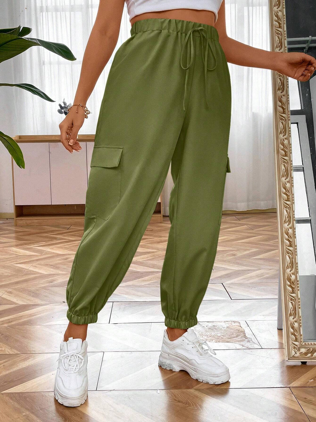 Flap Pocket Tie Waist Cargo Pants