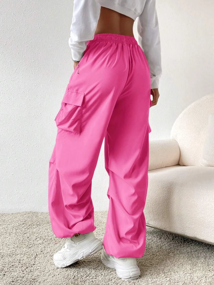 Flap Pocket Side Drawstring Waist Parachute Cargo Pants