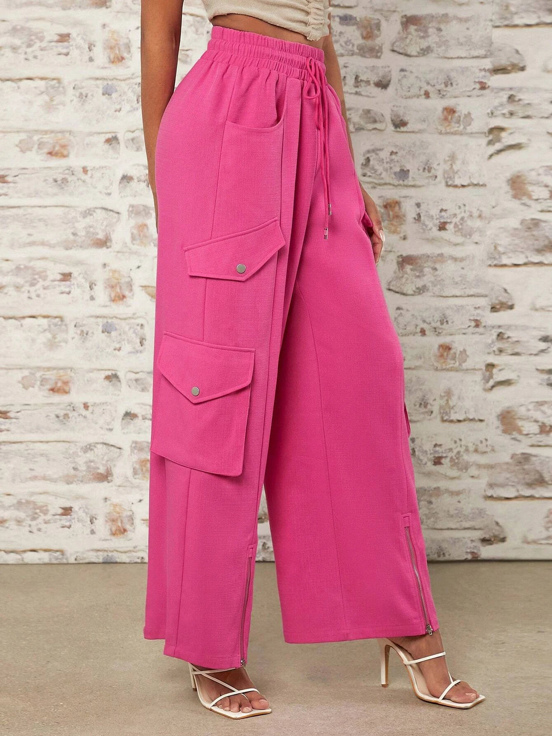 Casual Waist Flap Pocket Pink Cargo Pants