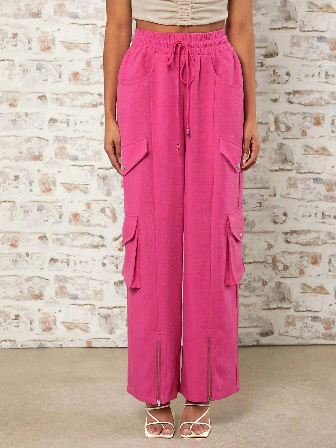 Casual Waist Flap Pocket Pink Cargo Pants