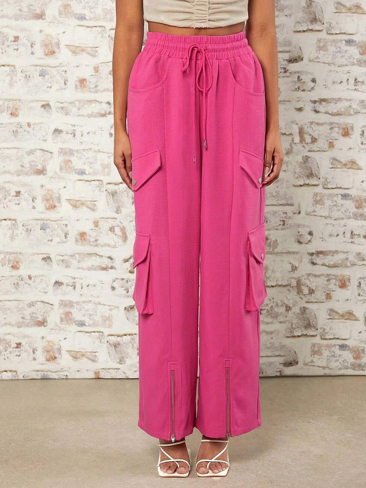 Casual Waist Flap Pocket Pink Cargo Pants