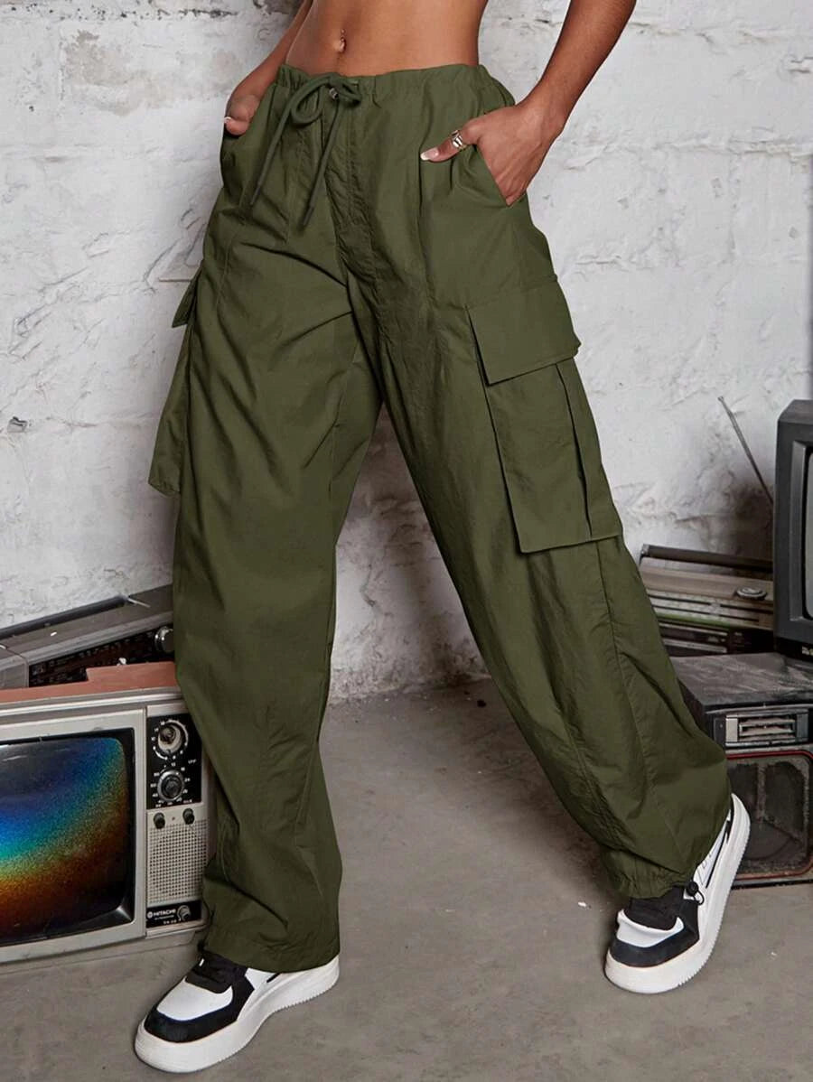 Drawstring Waist Wide Leg Parachute Cargo Jogger Pants