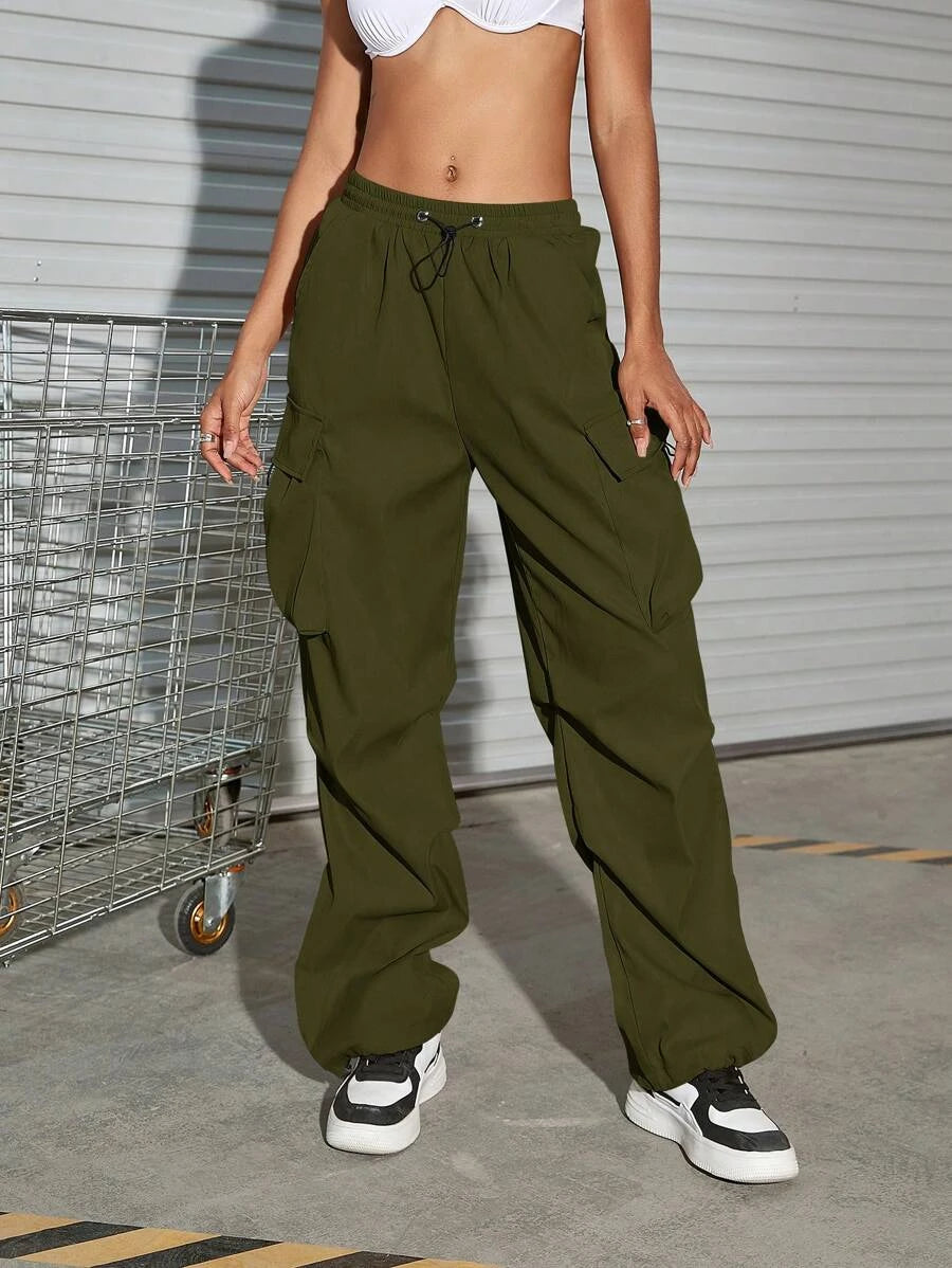 Hip Hop Flap Pocket Drawstring Waist Parachute Cargo Pants