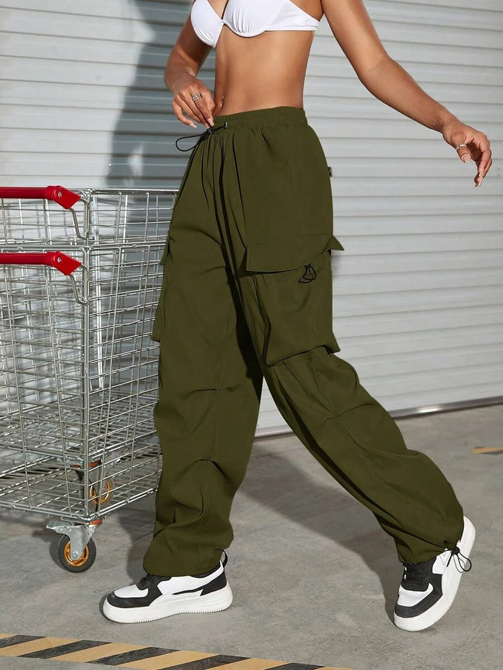 Hip Hop Flap Pocket Drawstring Waist Parachute Cargo Pants