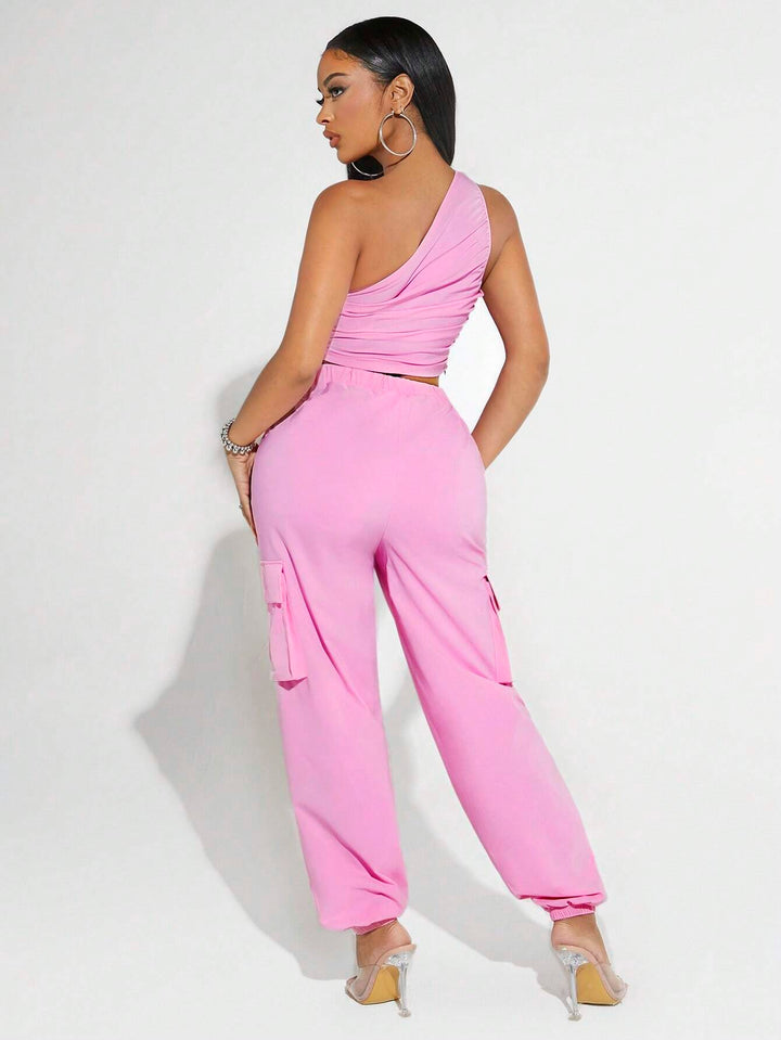 One Shoulder Crop Top And Flap Pocket Cargo Pants