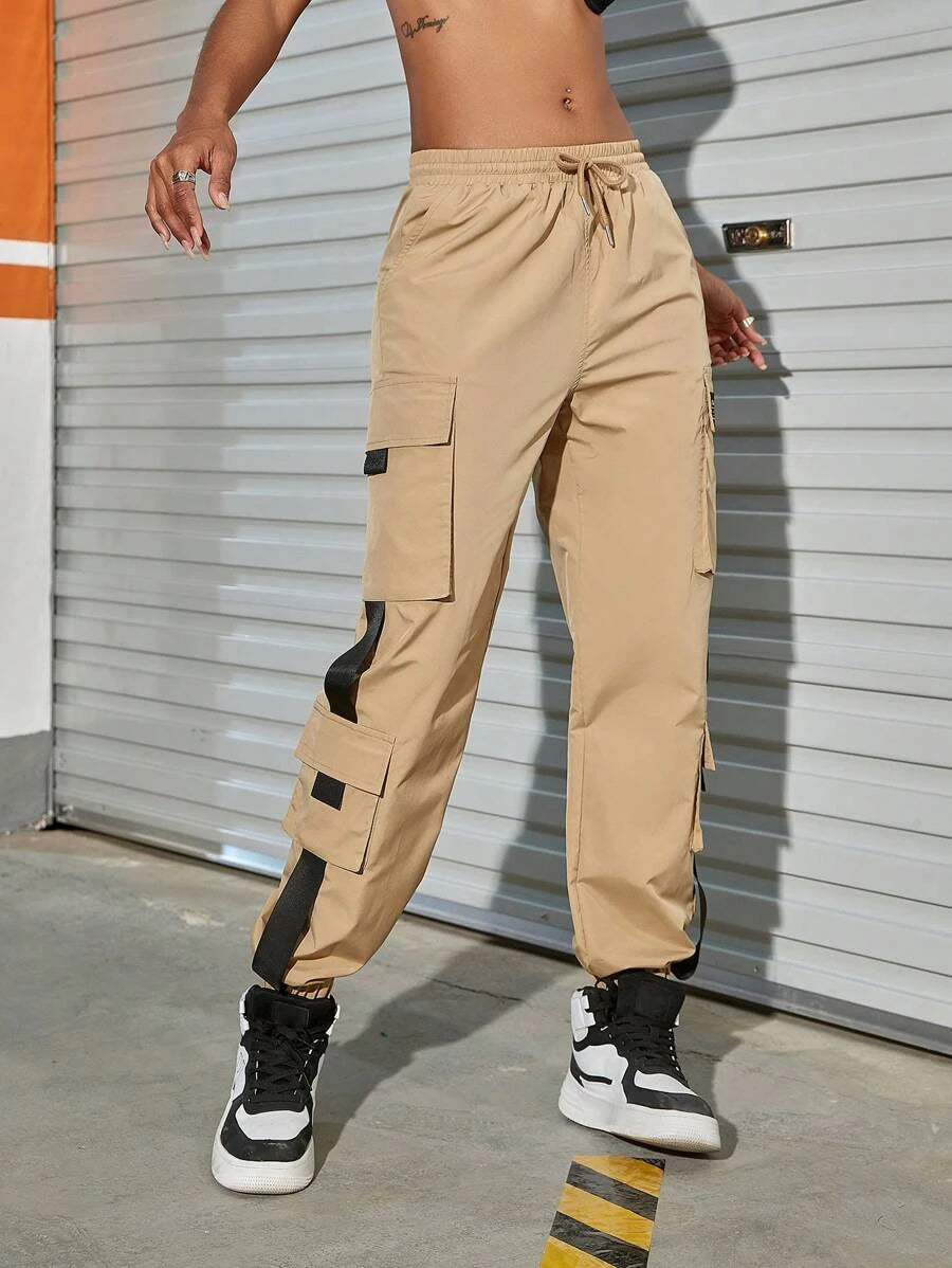 Drawstring Flap Pocket Buckle Detail Cargo Pants