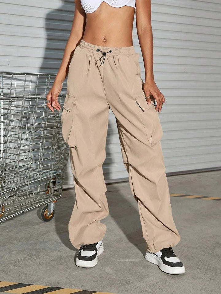 Hip Hop Flap Pocket Drawstring Waist Parachute Cargo Pants